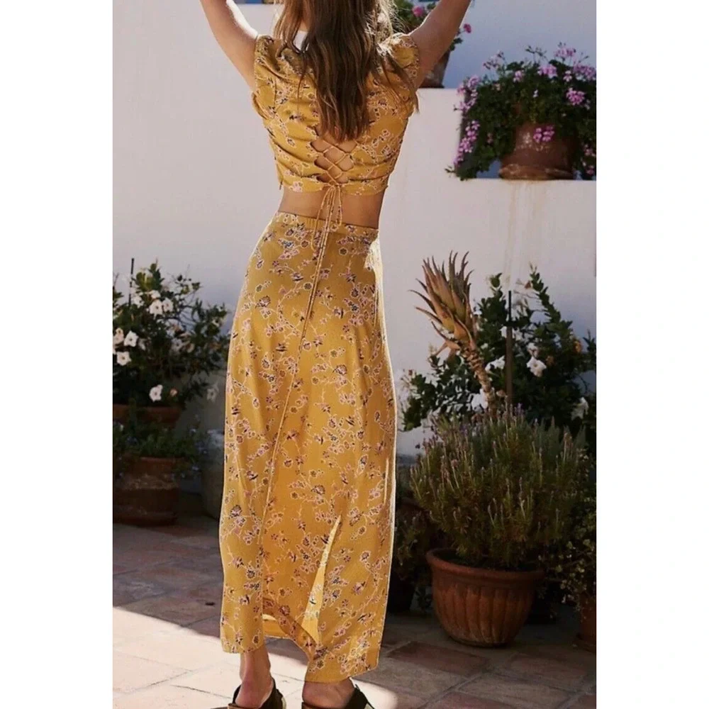 NEW FREE PEOPLE TURMERIC TALIA TWO PIECE CROPPED TOP MAXI SKIRT SET SZ XS